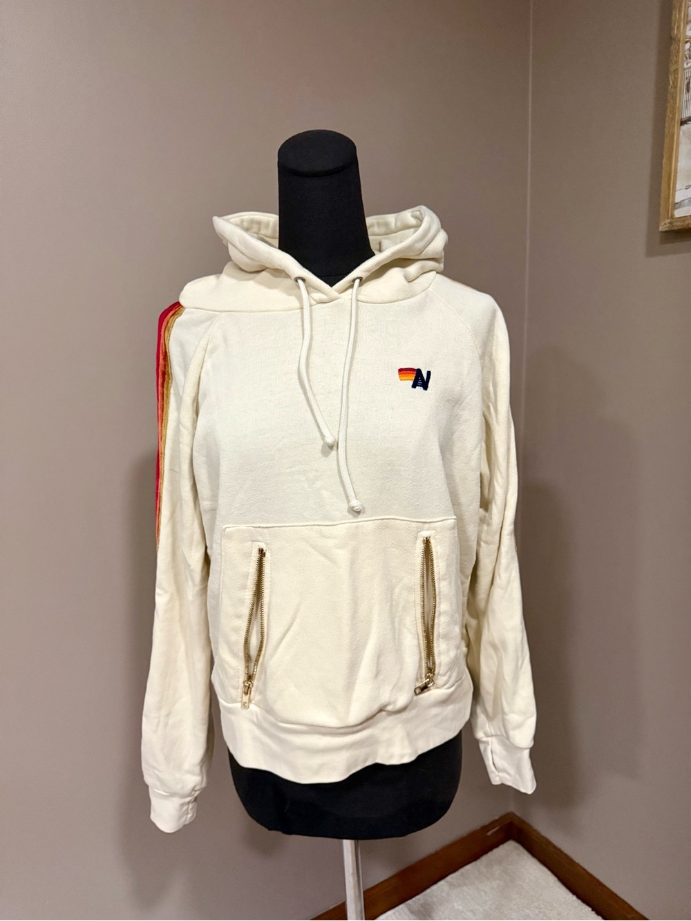 Aviator Nation Cream Hoodie with Rainbow Shoulder Stripe